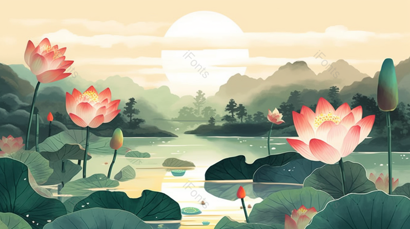 夏季湖水岸边盛开的花朵,插画/手绘图,插画/手绘图库,插画/手绘图下载,插画/手绘
